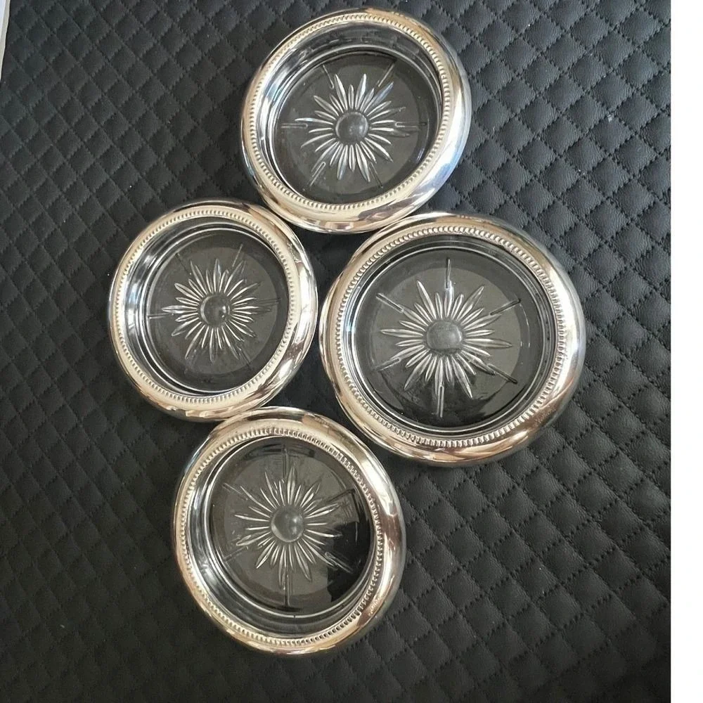 Leonard Silverplate Glass Starburst Coasters Set of 4 Made in Italy Beaded Rim